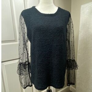 ee:some Size L Black Fuzzy Sweater Star Sheer Sleeves Fairy Grunge Dark Acadamia